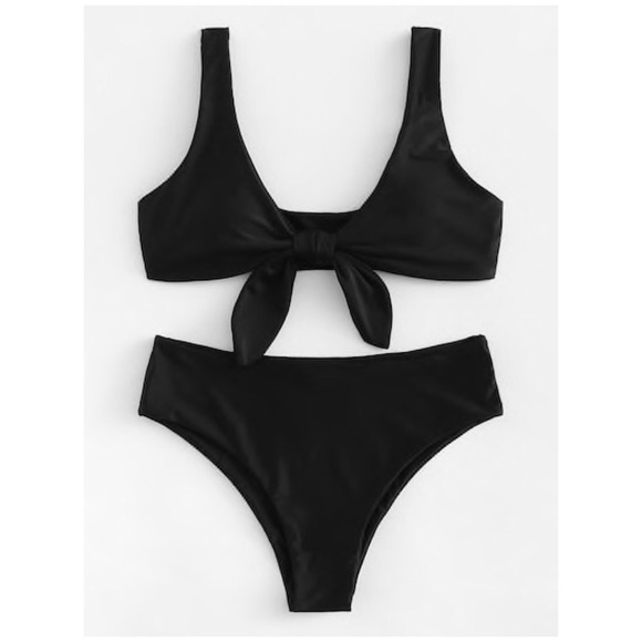 Black Bow Knot Plunge Bikini Swimsuit - Picture 2 of 6